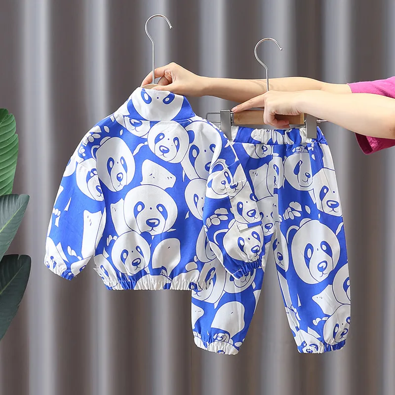 Toddler Boy Cute Panda Full Print Clothing Set Pocket Pullover Tops+ Pants Sets Kids Spring Autumn Causal Tracksuit 220214