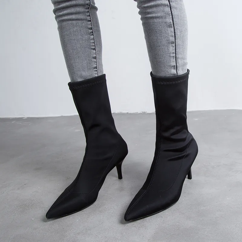 Black Beige Ankle Elastic Sock Boots Women Pointed Toe Thin Heel Boots Stretch Women Winter Shoes Sexy Booties Woman Y200115
