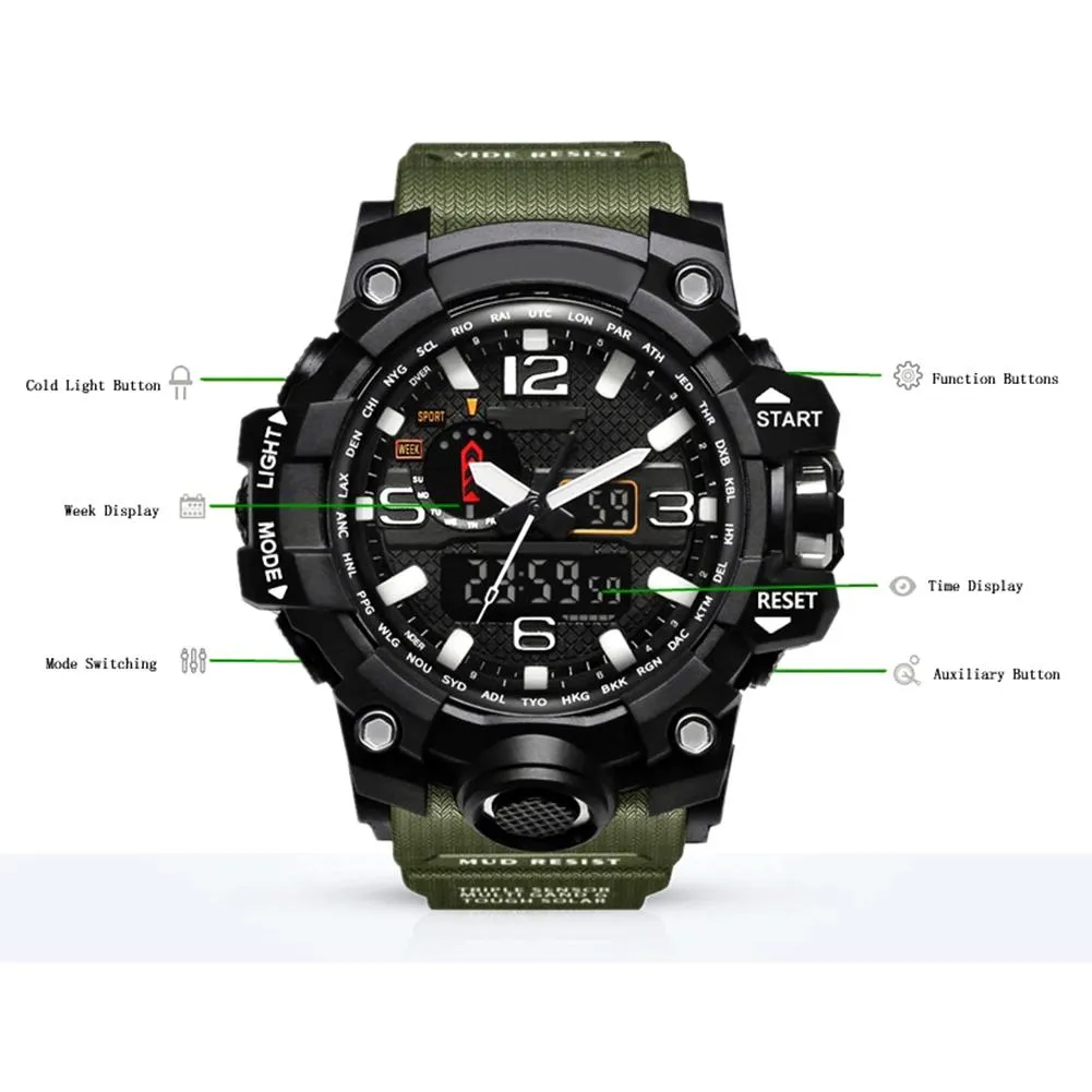 Nieuwe heren militaire sporthorloges analoog digitaal led-horloge THOCK-bestendig horloges heren elektronische siliconen horloge geschenkdoos Mont196c