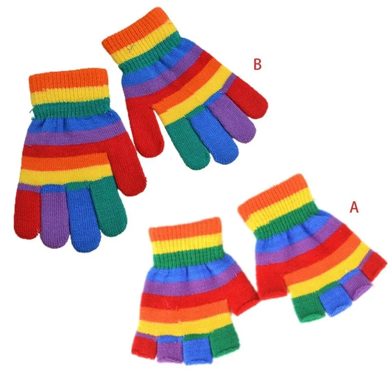 Kids Winter Knitted Full Half Finger Gloves Rainbow Colorful Striped Boys Girls Harajuku Outdoor Windproof Mittens 5-15T289K