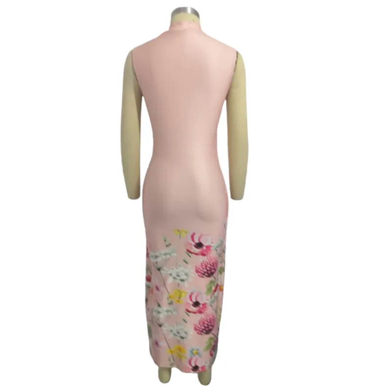 Fashion Summer Women Casual Sleeveless Floral Print Elegant Dress Fake Two-Piece High Neck Asymmetrical 220210