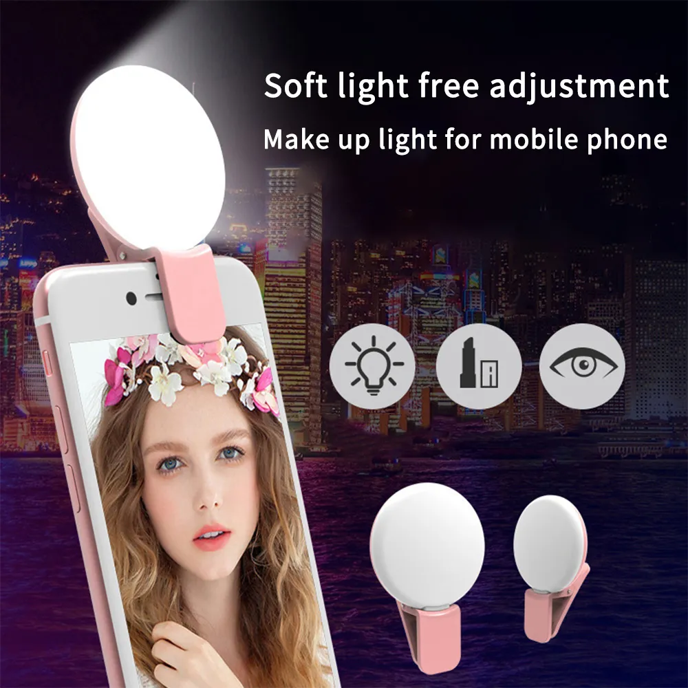 Carga USB LED Selfie Ring Light para Iphone Iluminação suplementar Selfie Enhancing Fill Light para telefones Samsung Portable Clip Lamp