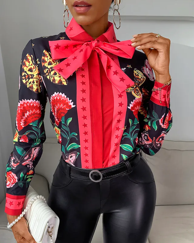 Femmes décontracté automne col rabattu Chic en mousseline de soie Blouse cravate cou Floral à manches longues dames chemise 220308