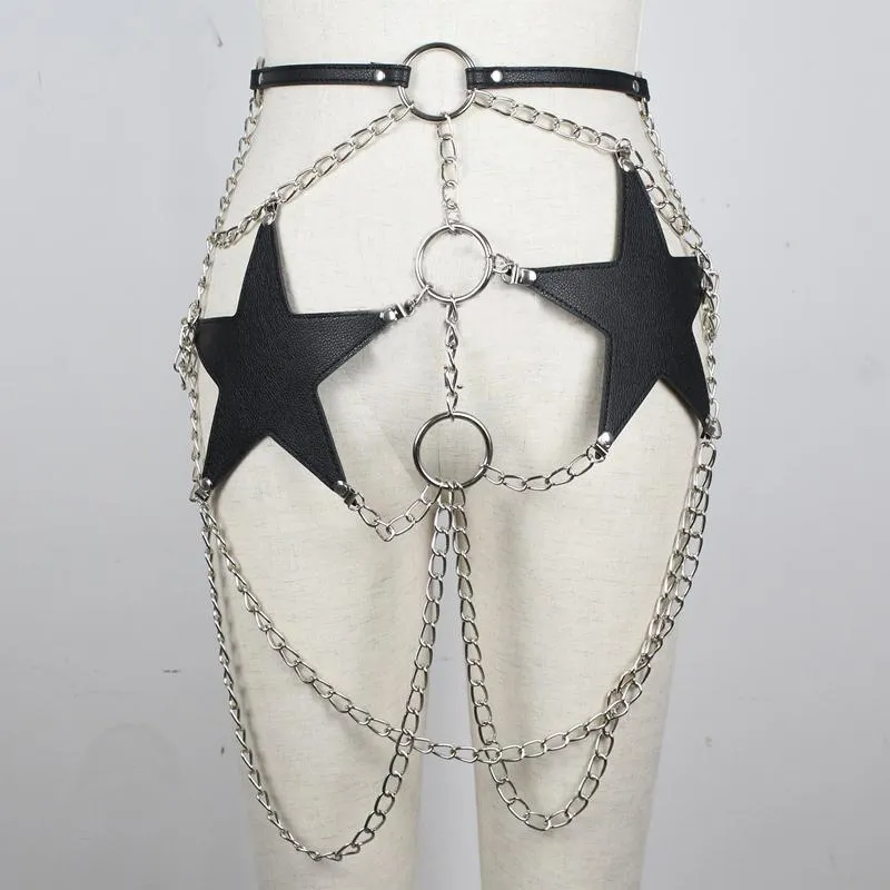 Vintage femmes Sexy jarretière en cuir ceinture corps Bondage harnais en cuir avec chaîne Corset taille ceinture sangles bretelles accessoires 180x