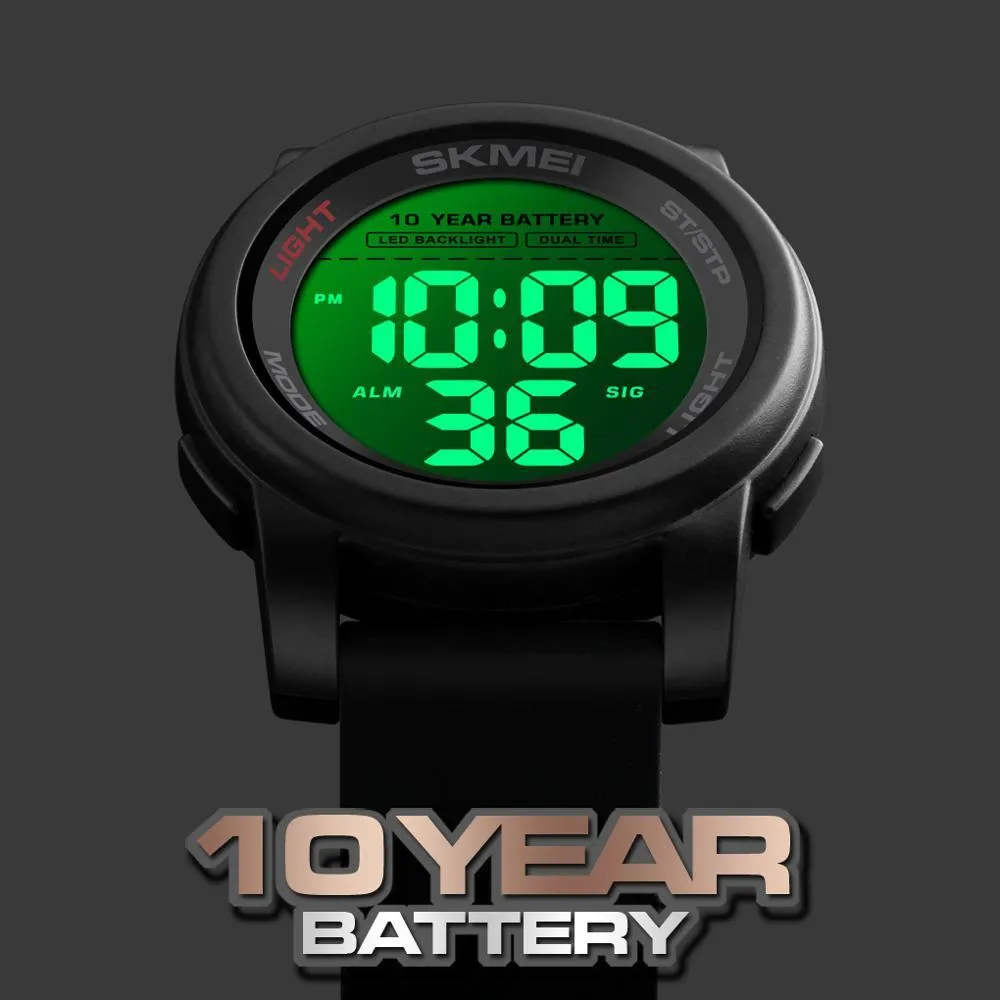 Skmei 10 -letni bateria cyfrowa zegarki Man podświetlenie Dual Time Sport Big Dial Zegar Wodoodporny żel krzemionkowy Zegarek Męski Zegarek ELOJ 152348