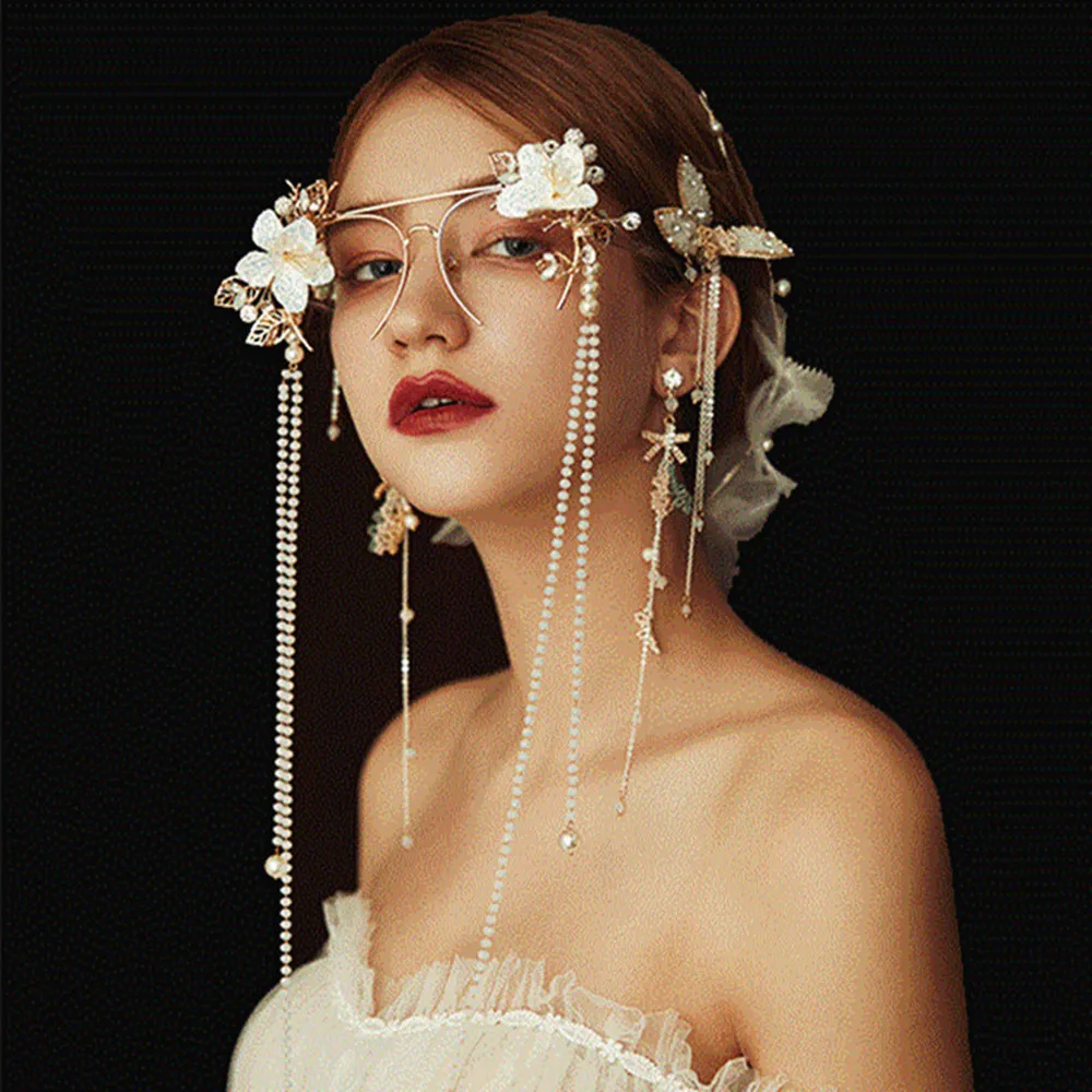 Creative Exaggerated Luxury Rhinestone Pearl Bridal Glasses Hair Accessories Wedding Tassels Headdress for Women Studio Modeling J0113