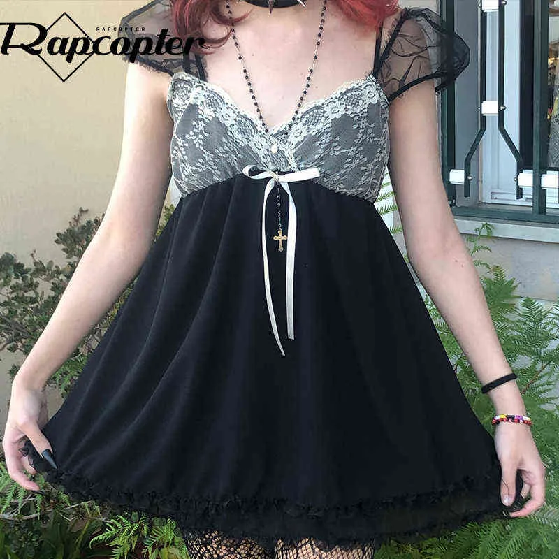 Rapcopter y2k Spitze Faltenkleid Schleife Süßes süßes Minikleid Ästhetisches Grunge Fairycore Partykleid Damen V-Ausschnitt Kurzarm Neu Y220304