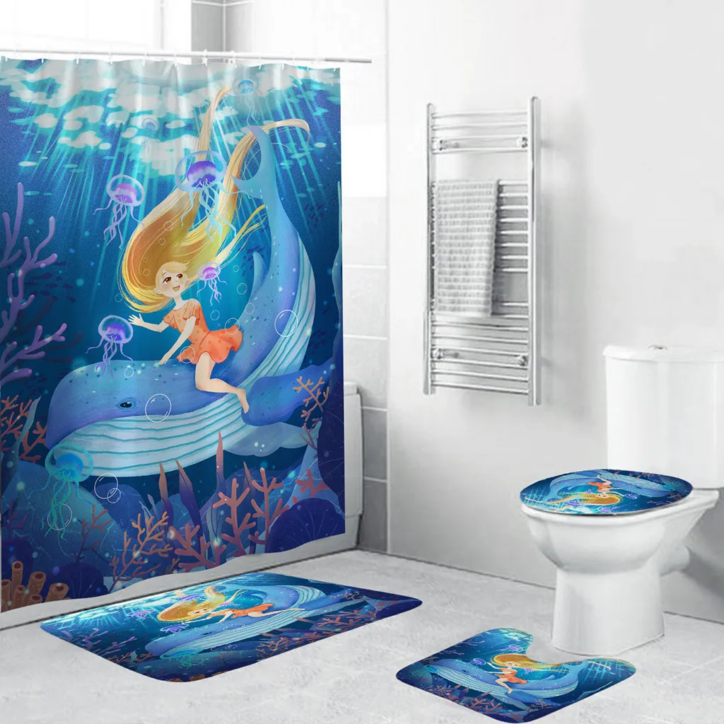 Ouneed Blue ocean world Tende da doccia set @ Antiscivolo Carino delfino Toilette Copertura in poliestere Tappetino Set Bagno Tende da doccia Y200108