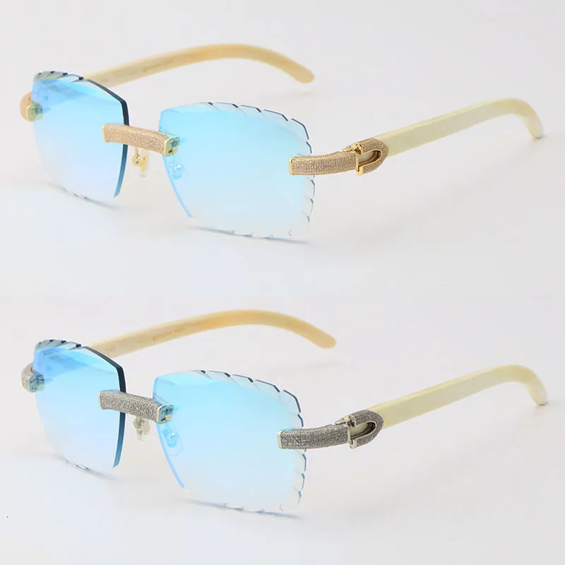 2022 Neue randlose Sonnenbrille aus Metall mit Mikropavé und Diamanten, original weiß, echtes natürliches Büffelhorn, Sonnenbrille für Männer und Frauen, 269 r