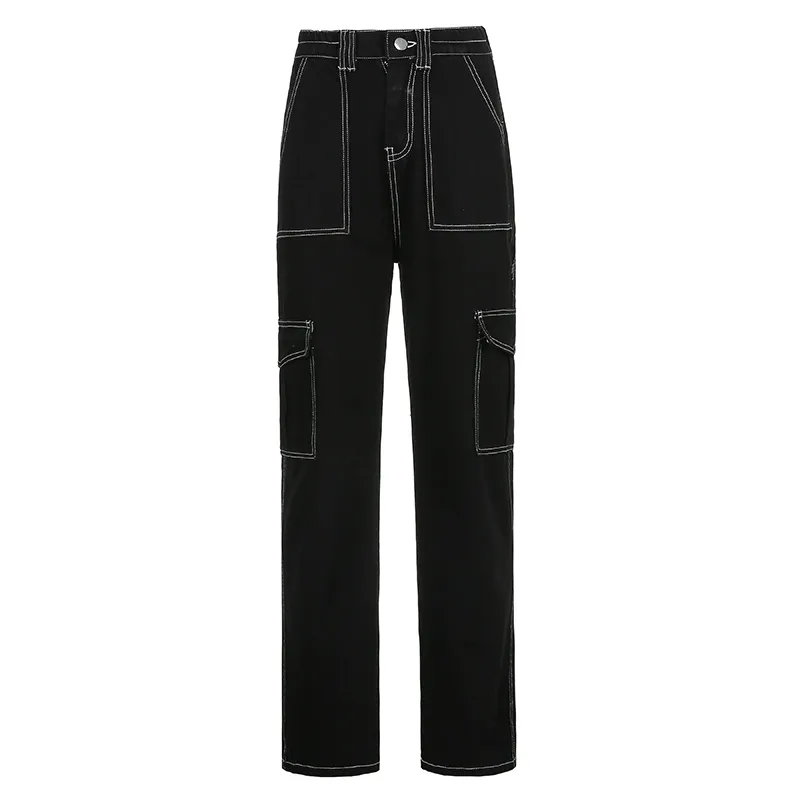 Weekeep Pockets Patchwork Baggy Jeans Fashion Streetwear 100% Cotton Women Denim Trouser Loose Cargo Pants Korean Harajuku 220224