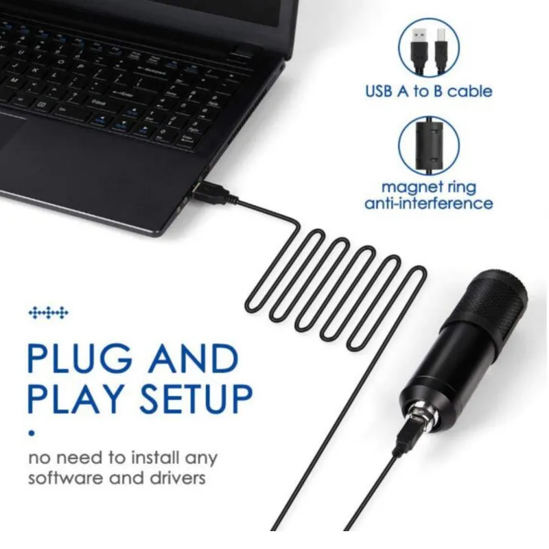 Microphone USB condensateur cardioïde Podcast Microfono 192kHz/24bit Plug and Play avec pour la diffusion en direct YouTube ASMR