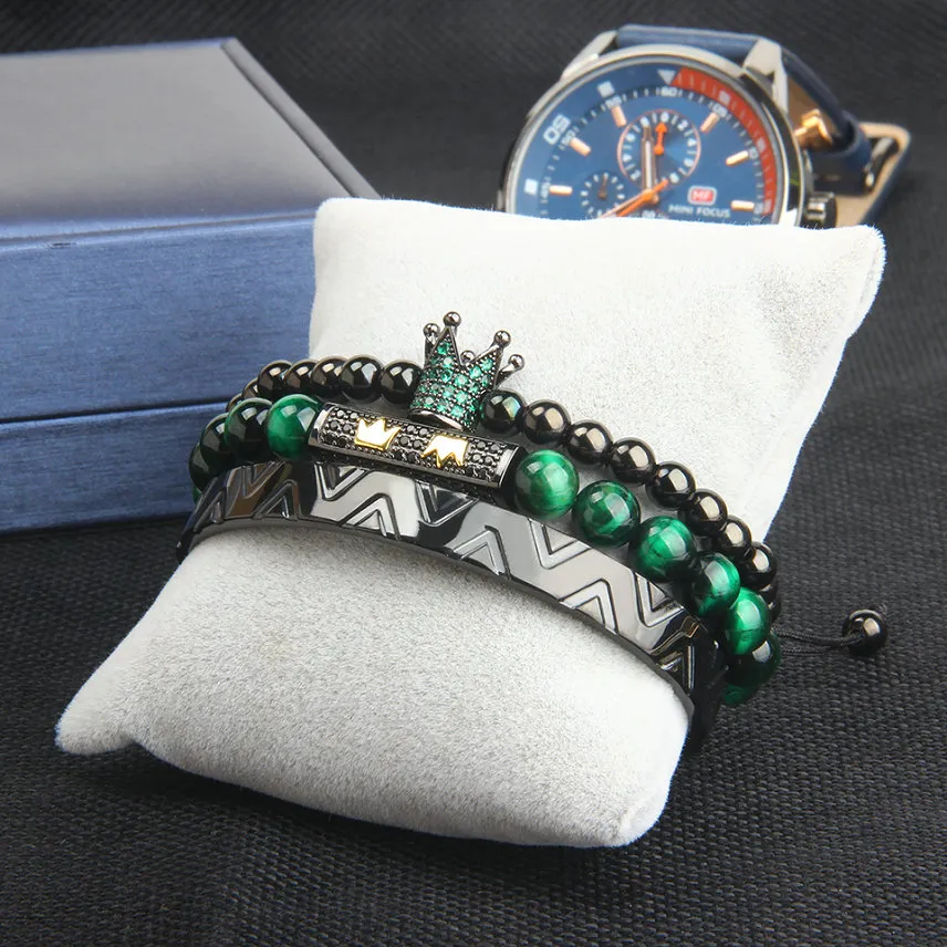 Bracelet de bangel de couronne de pour hommes Bracelet de tressage de couronne Green CZ Fashion Bijoux en acier en acier inoxydable188J