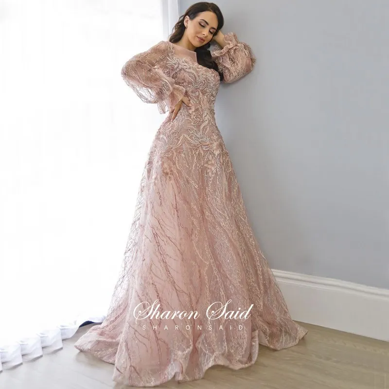 Blush rose dentelle arabe robes de soirée 2020 manches longues cristal Dubaï robe formelle femmes musulmanes élégantes longues robes de soirée de bal LJ201119