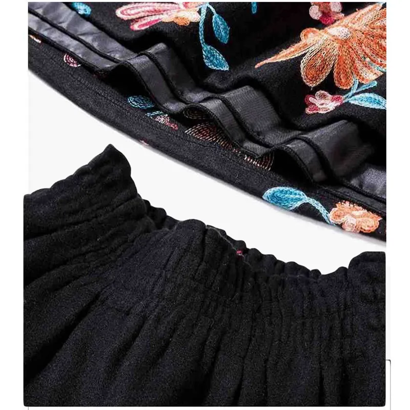 Czarny fliblower haftowany wełniany maxi spódnica kobiety eleganckie wysoką talię swobodne spódnice mama moda spódnica plus size