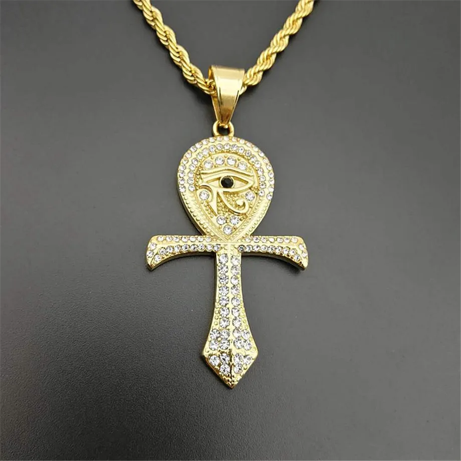 Colar de pendente de ankh egípcio para mulheres/homens cor ouro aço inoxidável olho de colar de horus gelado bling jóias do Egito 2010147673926