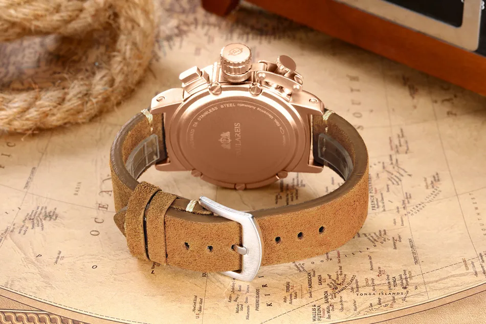 Hommes Automatique Auto Vent Mécanique Véritable Cuir Marron Multifonction Date Bateau Mois Lumineux Limité Or Rose Bronze U Montre L250K