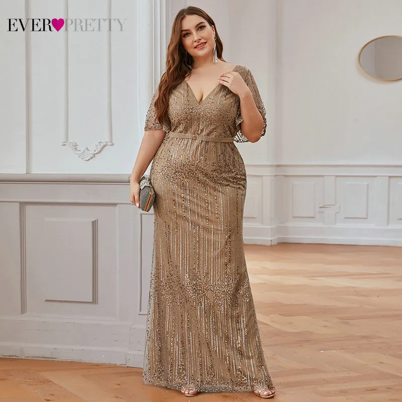 Plus Size Sparkle Prom Kleider Ever Pretty EP00838 Seuqined Rüschen Ärmel V-Ausschnitt Elegante Meerjungfrau Pary Kleider Vestidos De Gala LJ200821