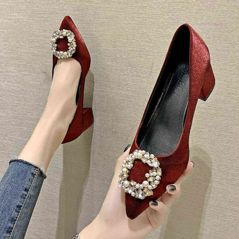 5cm Plus Size Pearl Women Pumps Ol Office Lady Velvet High Heels Dress Cute Crystal Square Heel Ladies Shoes 8638N 220309