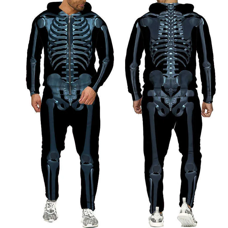 Trajes de Halloween Esqueleto Hip Hop Com Capuz Suéter Homens / Mulheres 3D Imprimir Jaqueta Streetwear Pullovers Sets 211220