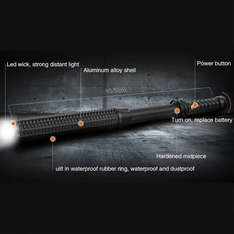 El Flashlight Self Savunma Çubuğu Teleskopik Topuz LED Meşale Güvenlik Lambası 18650 Pil 21032225210207969626