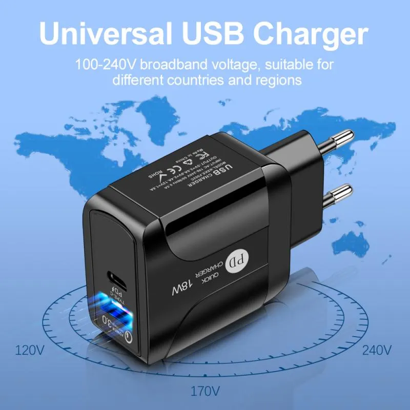 USB PD 18W الشحن السريع 3A QC 3.0 شواحن الهاتف المحمول نوع USB نوع C المخرجات 2 في 1 بدلة محول امدادات الطاقة ل EU الولايات المتحدة المملكة المتحدة