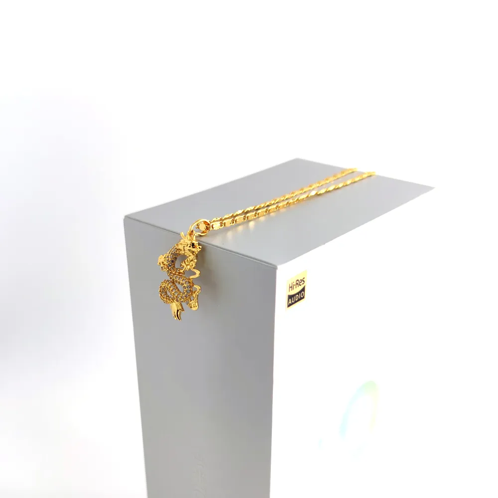 Pendant 24 K Verklig solid gul fin guldfinish CZ DRAGON Pendant Detaljerad 3D Lycka till män Kvinnor Dragon Flat Chain Halsband US356I