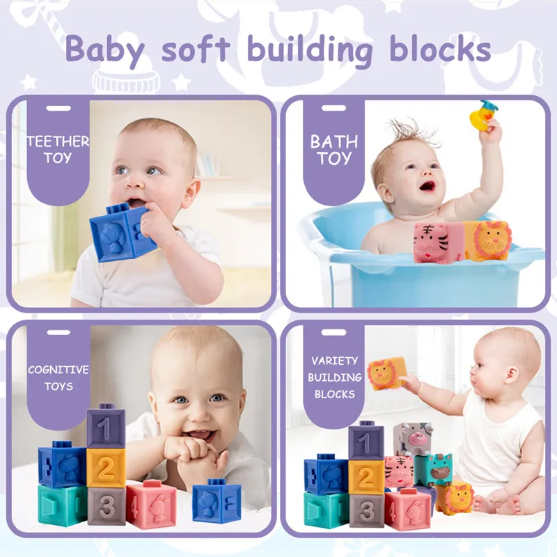 Montessori Spielzeug Baby Blöcke Spielzeug Weiche Bausteine 3D Touch Hand Bälle Baby Massage Gummi Beißringe Squeeze Spielzeug bad Spielzeug 201216