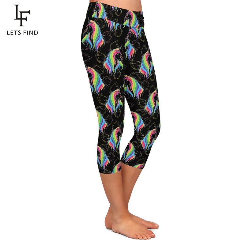 Letsfind Fashion Women Black Leggings 3D Unicornプリントハイウエストプラスサイズの快適なフィットネスレギンスミッドカーフパンツ201014