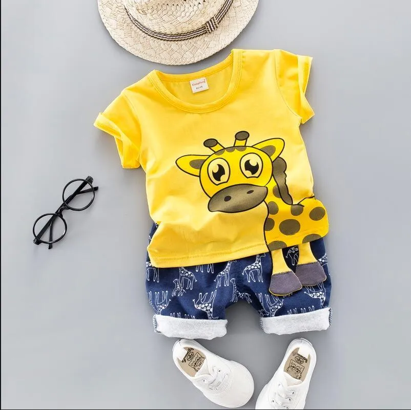 Zomer kids babykleding set voor jongens 0-4 jaar doek gesneden cartoon animal baby kleding pak giraffe top t-shirt peuter outfit 201126