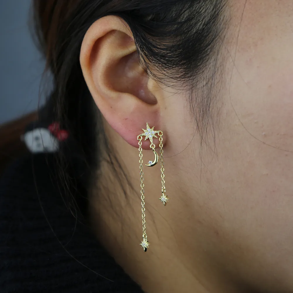 Romantic Gorgeous Women Jewelry Fashion Moon Star Charms 3 Tassel Chain Starburst Dangling Drop Earring