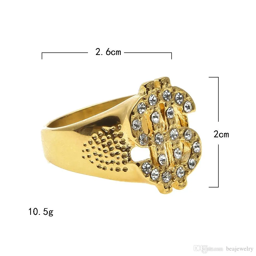 Hip Hop Simulated Diamond Dollar Charm Ring For Men Fashion Rock Style Stainless Steel Gold Plated Bling Bling $ Ring