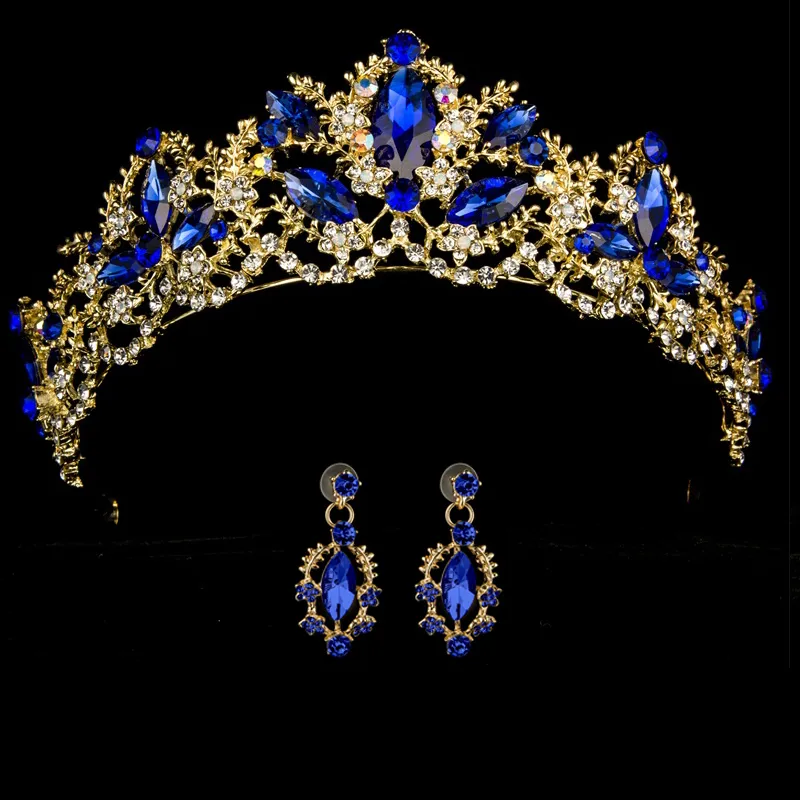 Lyx bröllopskrona prinsessa tiara huvudband hår kvinnlig drottning krona för brud tiaras med örhängen prom party stor diadem j0121
