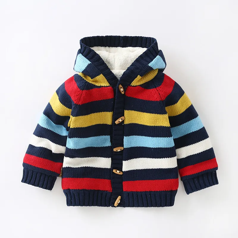 Kinder Strickjacke Pullover Kleinkind Junge Kinder Regenbogen Pullover gestreift Baumwolle Mädchen Winter Strickjacke Fleece gefüttert Warm Strick Top Kleidung LJ201128