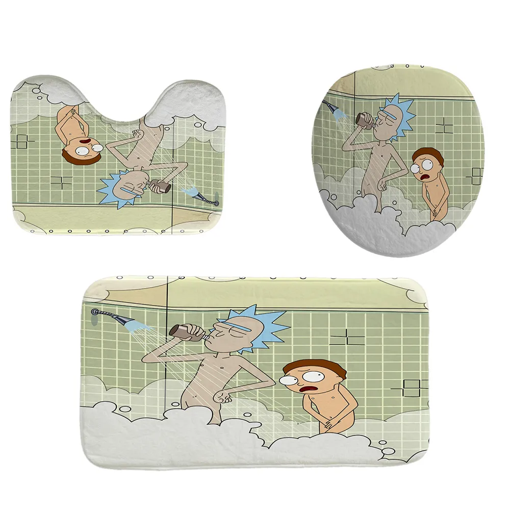 漫画面白い男の子防水シャワーカーテンカーペットカバートイレカバーバスマットパッド4ピースセットバスルームの装飾T200711