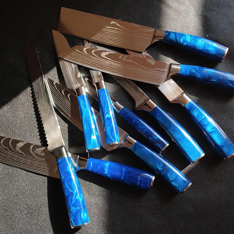 مجموعة سكين المطبخ 10 قطع شيف سكين احترافية اليابانية 7CR17 ليزر ليزر دامشق سكين شارب سانتوكو راتنج الأزرق H229I