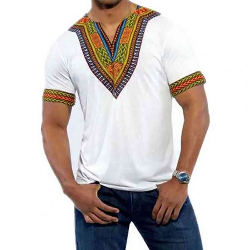 Mode Heren Dashiki T-shirt V-hals Print Tops Afrikaanse etnische korte mouw Merk T-shirts Mannen Afrikaanse kleding 2021 S-5XL Y220214