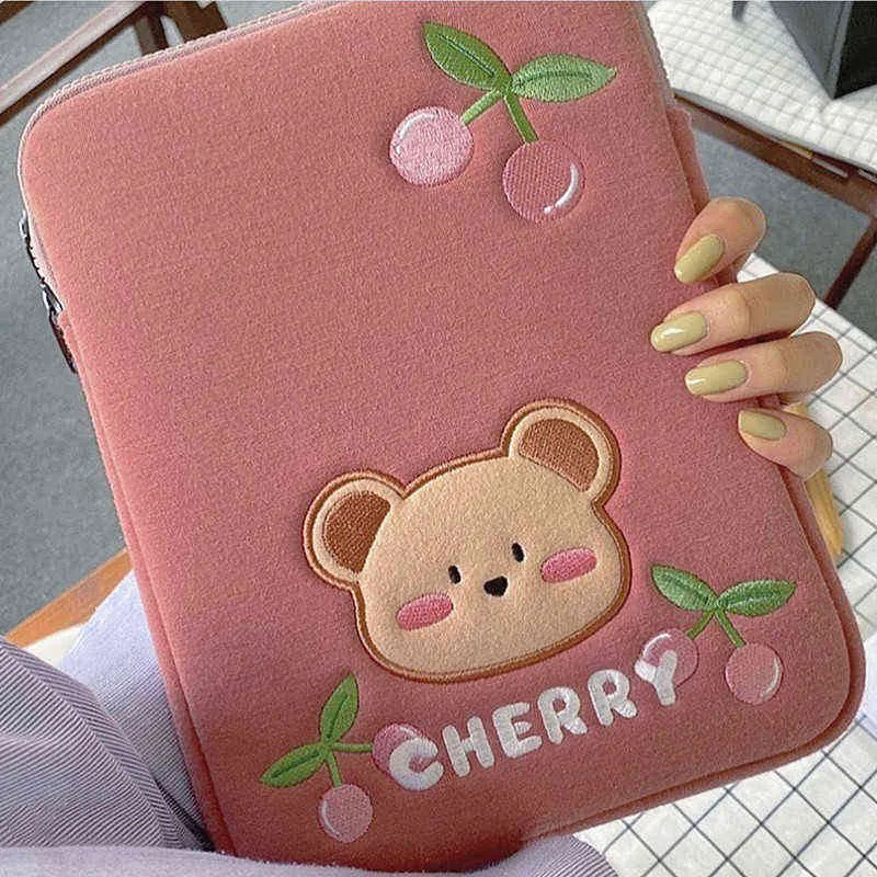 Korea Bear Ipad Bag Pouch Söt Girls Cherry iPad Pro 11 10.5 9.7 tums tabletthylsa Fodral Förvaring 13inch Laptop Innerväska 211224