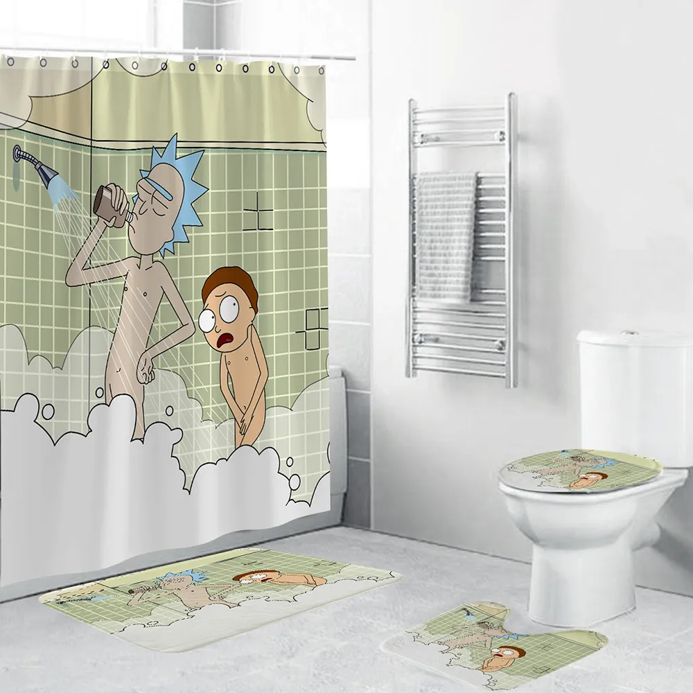 Cartoon Funny Boy Impermeable Cortina de ducha Cubierta de alfombra Cubierta de inodoro Alfombrilla de baño Juego de 4 piezas Decoración de baño T200711