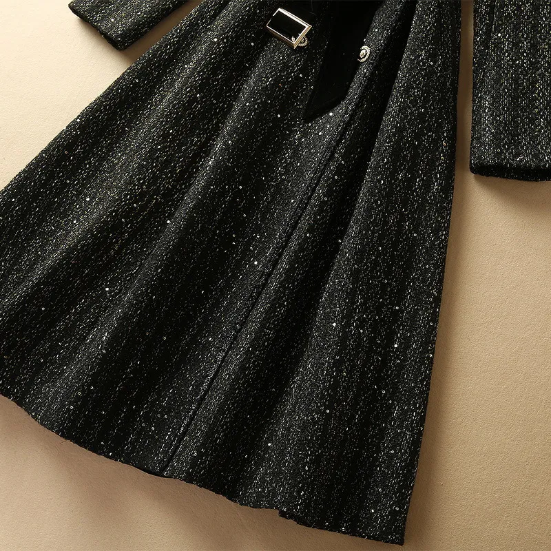 2021 hiver manches longues revers cranté couleur contrastée noire Tweed ceinturé paillettes double boutonnage mélanges de laine manteau élégant long manteaux d'extérieur 21D161103