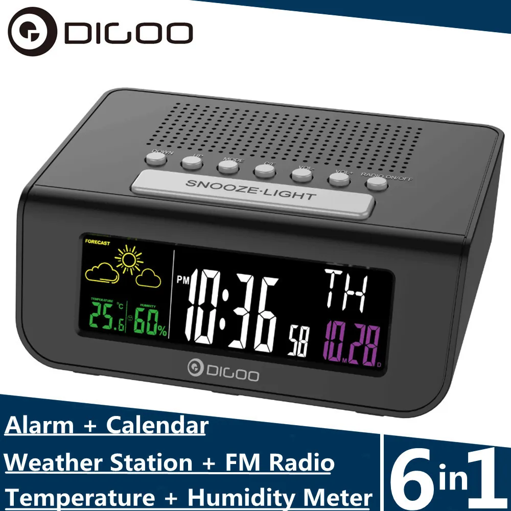 Digoo DG-FR100 Couleur Radio FM sans fil Réveil numérique Snooze Double alarme Horloge Prévisions météo Calendrier Température Humidité LJ200827