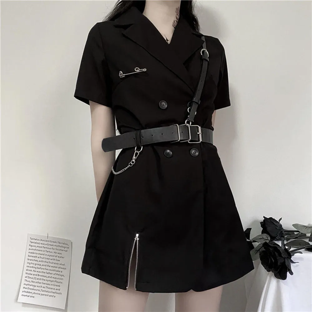 Rosetic Gothic Blazer Vestido Mujeres Negro Sexy Mini Vestidos 2020 Cintura alta Harajuku Goth Girl Cremallera Punk con cinturón de cuero PU X0521