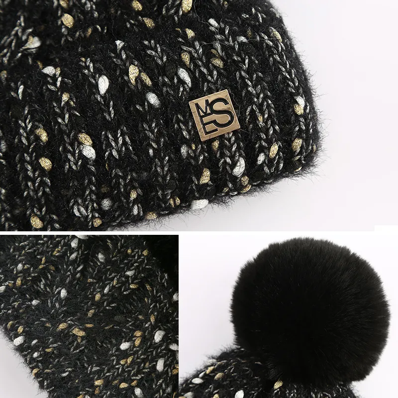 Knitted Sweet Dots lovely Snowflake Hat And Mink Plush Scarf Set Winter Women's Hats Thick Warm Skullies Beanies Female 261V