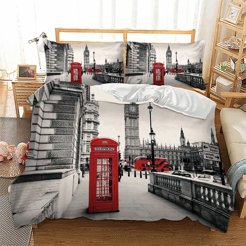 Paris Tower London City Scenery Big Ben Red Telephone Booth Bus Print Parure de lit Housse de couette Taie d'oreiller US AU EU Taille 2012344l