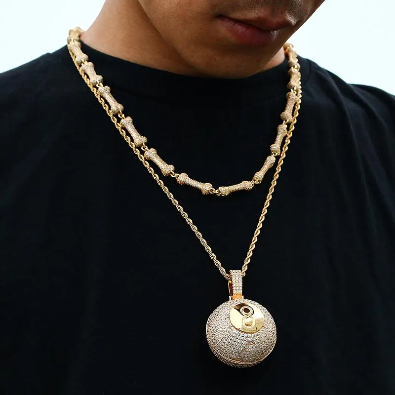 Iced out zircon pingente esférico bilhar 8 pingente colar masculino hip hop jóias personalidade gift253s