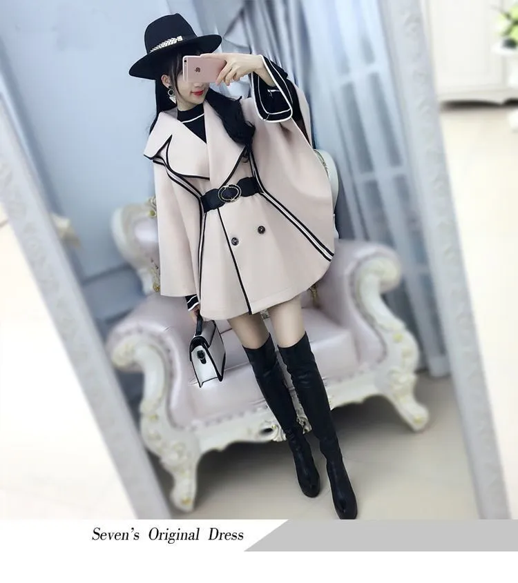 Autumn And Winter Women Coats Women's Beige Black-Edged Bat Cloak Cape Woolen Coat 201214