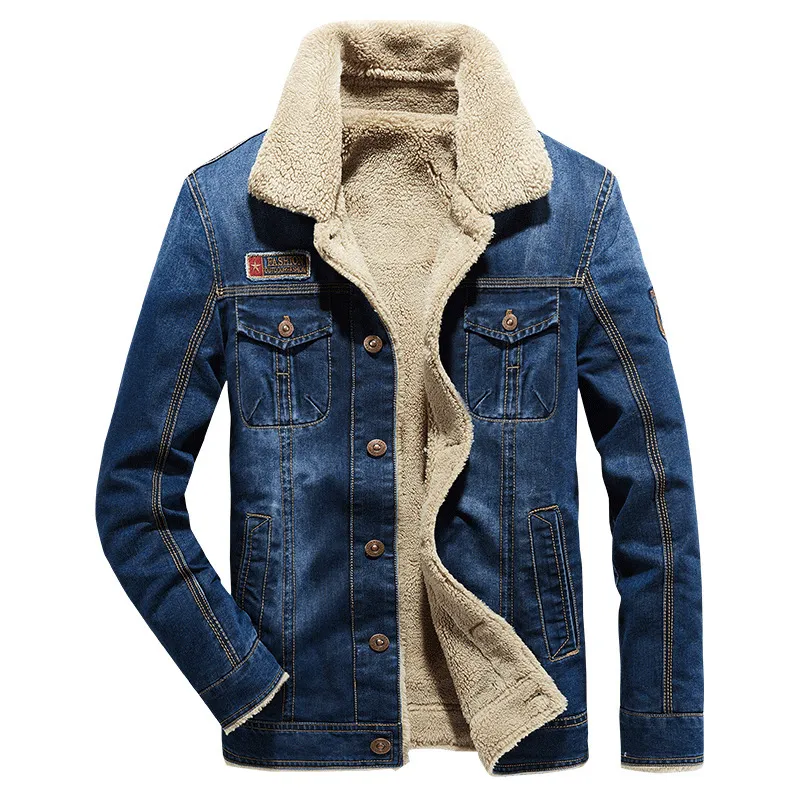 남자 겨울 따뜻한 캐주얼 브랜드 데님 재킷 파카 남자 가을 방풍 양털 두꺼운 코트 남성 패션 모피 칼라 남자 자켓 5XL 201218