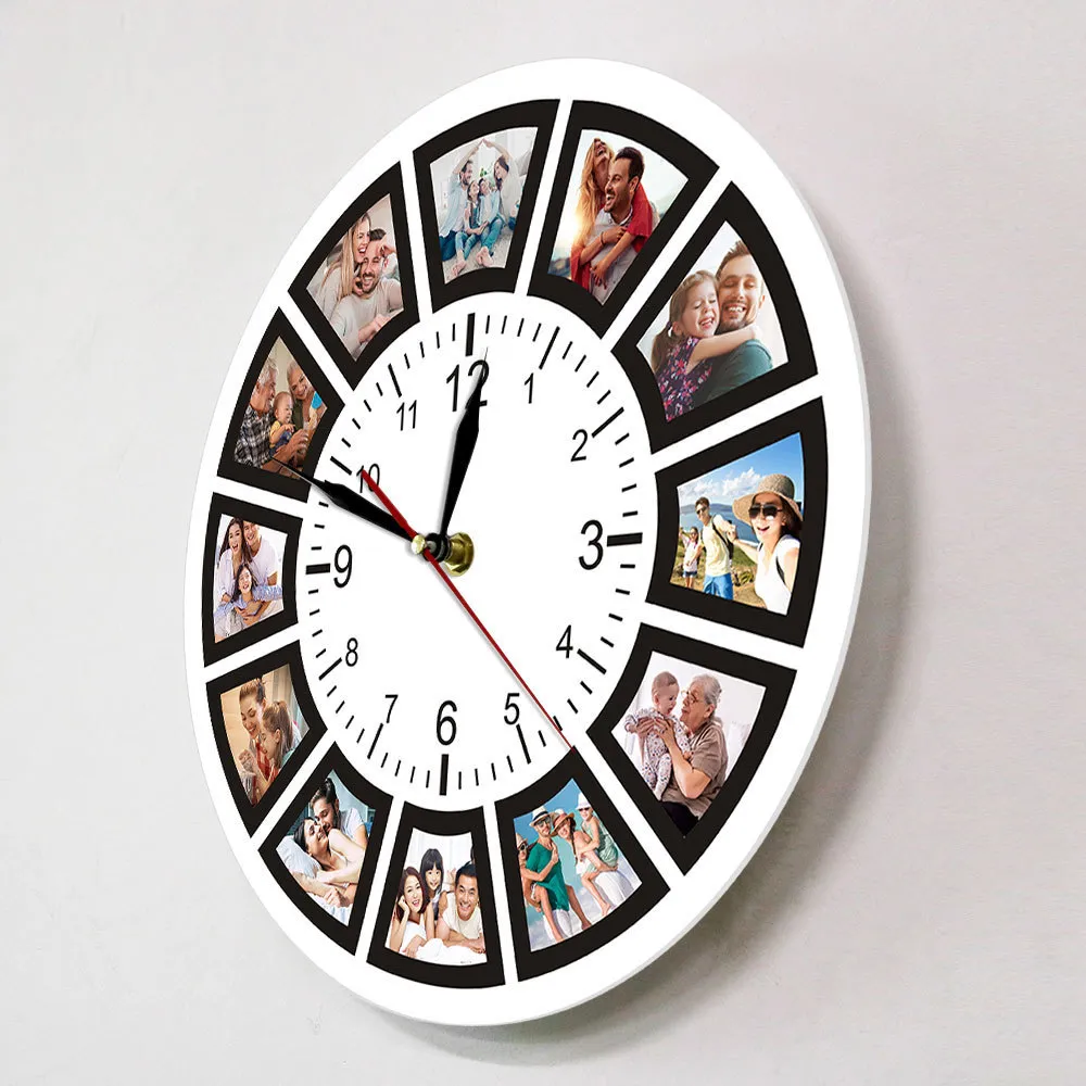 Maak je eigen aangepaste 12 foto's Collage Instagram Custom Home Wall Clock Personalized Family Photos Printed Clock Wall Watch LJ200827