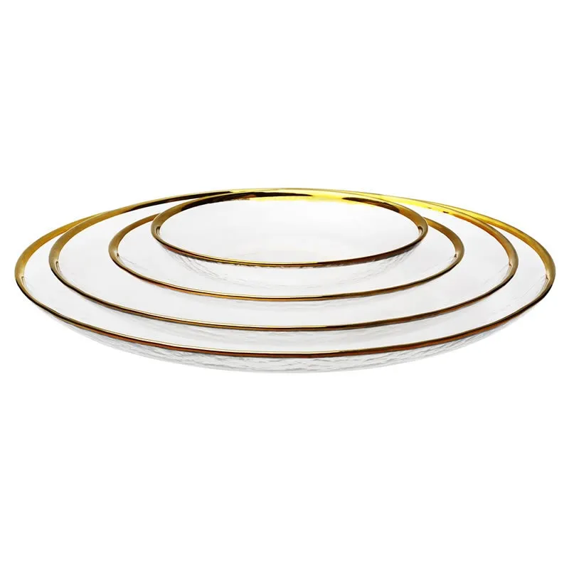 Gold Inlay Edge Glass Food Serving Plate Fruit Dessert Cake Salad Tray Meal Pasta Storage Container Main Dish Western Tabellery 202485