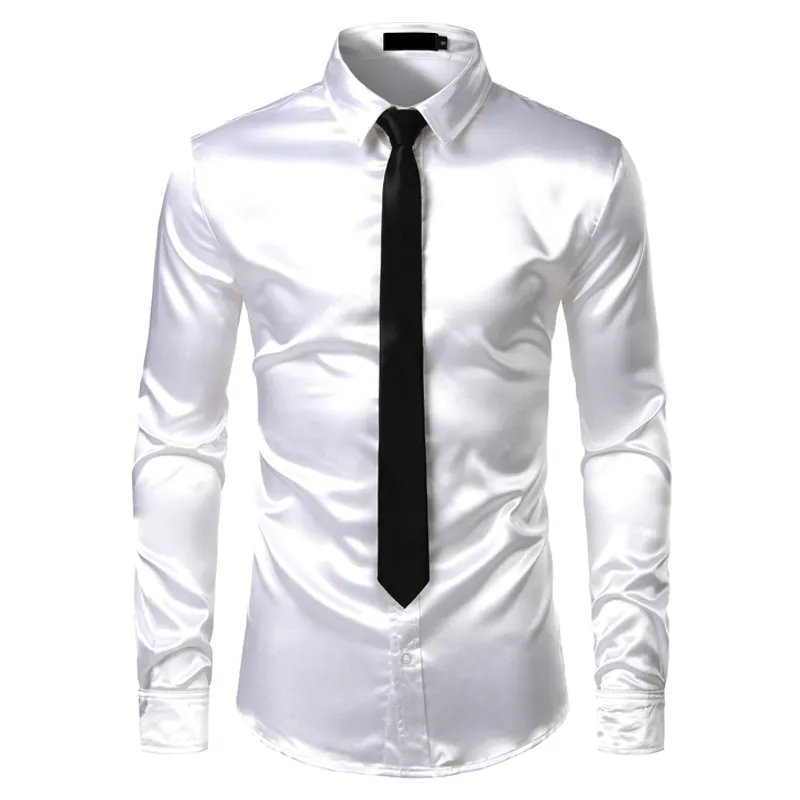 2 stuks Zilver Zijden Overhemd Heren Satijn Gladde Tuxedo Shirts Casual Button Down Heren Overhemden Bruiloft Prom Chemise Homme 20260a