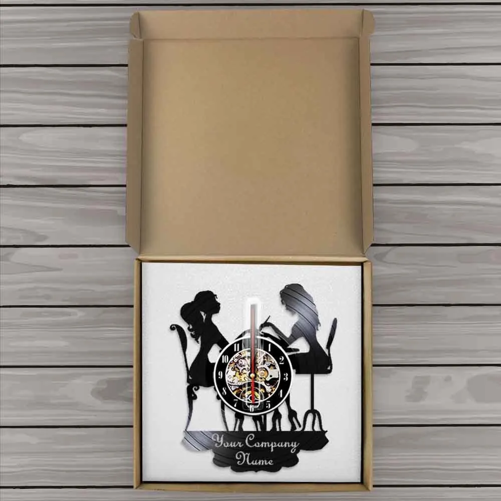 Montre murale personnalisée Salon reloj pared avec le nom de votre entreprise duvar saati Vinyl Record Black Wall Clock Beauty Shop Decor LJ201208